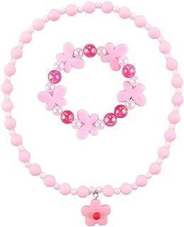 Beaded Necklaces and Bracelets Set For Girls Flower Butterfly Pendant Bead Stretch Necklace Party Favors Dress up Play Costume Jewelry Gift