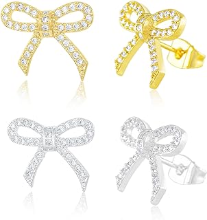 Bling Days 2 Pairs of Gold and Silver Ballet Core Ribbon CZ Women Stud Earrings Set Gold and Rhodium Plated Brass