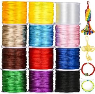 Nylon Kumihimo Bead Bracelet String in Multicolors - 12 Roll Chain Type Satin Cord for Jewelry and Crafts by Cridoz - Chinese Style Design - Ideal for Bracelet, Necklace Making and More