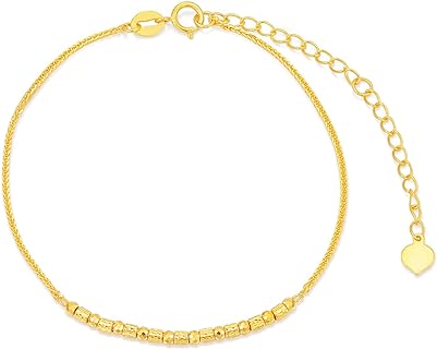 Spring Ring Clasp, 18K Yellow Gold 7 Day Bangle Bracelet, Wheat Chain, Ideal Gift for Women, Classy Beads Design