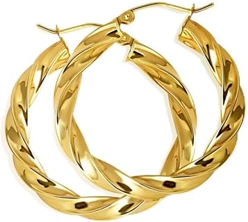 Solid 14K Yellow Gold Reversible Twisted Rope Hoop Earrings for Women Girls, 4mm Thick 30-40mm Diameters