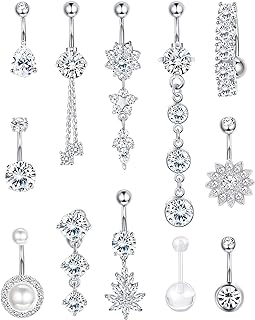 FIBO STEEL 14G Belly Button Rings Dangle 316L Stainless Steel Belly Rings for Women Navel Piercing Jewelry 12 Pcs