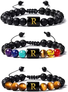 Initial Beaded Bracelets for Men Women Lava Rock Healing Stone Letter Bracelets Chakra Tiger Eye Stone Braided Rope Bracelet Meaningful Gift Adjustable