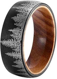 Forest Rings for Men 8 mm Black Plated Wedding Band with Wood Liner Comfort Fit