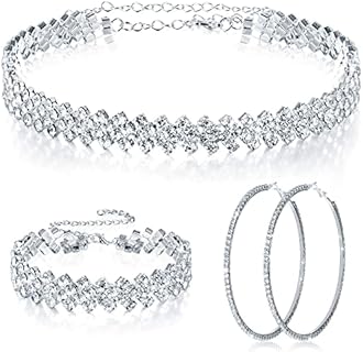 3 Pieces Women Rhinestone Jewelry Set Rhinestone Choker Necklace Crystal Bracelet Crystal Big Hoop Earrings for Wedding Bridal Party (Stylish 3 Row)