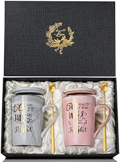 Biching 50th Anniversary Mr and Mrs Couples' Mugs in Ceramic with a meaningful golden print design - A complete Gift Set including spoons, greeting card and gift box
