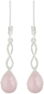 925 Silver Plated Southwestern Style Dangle Earrings with Natural Rose Quartz, Pear Shaped Bohemian Design for Women, Handcrafted in India