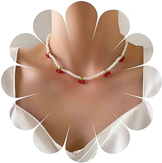 Boho Pearl Cherry Choker Necklace Red Resin Cherry Necklace Chain White Pearl Chian Cute Fruit Choker Necklace Dangle Cherry Necklace Jewelry for Women and Girls