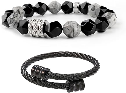 Bead Bracelets Agate Stones Bracelet Stainless Steel Wire Weave Metal Beads Hip Hop Gallstone Beaded Chain Bracelet Mens Beads Stretch Bracelet 2 PCS