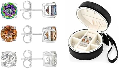 Women's Multi-Color Quartz Gemstone Earrings Trio, Plated with Platinum Over Sterling Silver, Push Back Clasp - Chic Gift Set in Jewelry Box