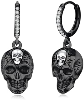 925 Sterling Silver Skull Dangle Earrings with Hinged Hoop and Cubic Zirconia for Men/Boys - Gothic/Punk Design