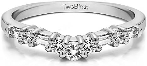 TwoBirch 0.35 Ct. Cubic Zirconia Wedding Band & Baguette Engagement Ring in Sterling Silver, Round & Curved Contour Design, Size 4