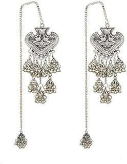 Indian Ethnic Fashion Silver Oxidized Designer Traditional Afghani Gypsy Wedding Bollywood Dangle Bali Jhumka Jhumki Ear Kan Chain Earrings