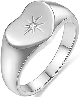 Stainless Steel Cubic Zirconia Heart-Shaped Signet Ring for Women - Engagement/Wedding Promise - Ring Size 4