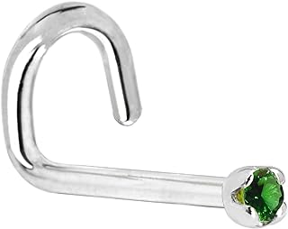 Unisex 14k Solid White Gold Nose Stud with Genuine 1.5mm Emerald, Comfort Fit 20 Gauge Screw, Made in USA