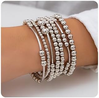 Chic Zinc Alloy 7-Piece Boho Silver Layered Tube Bead Bracelet Set with Bead Chain for Women and Girls - Round Ball Beads Design