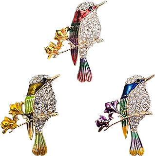 Pin-Type Lock Hummingbird Brooch Set - 3 Pack Rhinestone-Adorned Alloy Bird Pins for Men and Women - Vibrant Red, Blue, Yellow Designs