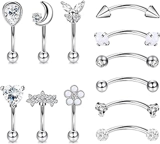 12Pcs 16G Hypoallergenic Stainless Steel Curved Barbell Eyebrow Rings For Women Men Rook Daith Cartilage Earrings Labret Lip Monroe Rings CZ Petite Belly Button Ring 8mm