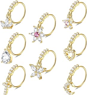 JOERICA 8 Pcs 20G Dangle Nose Rings Hoops for Women Butterfly Heart Moon Flower Cross CZ Dangle Nose Rings Cartilage Earring Dangling Nose Piercing Jewelry