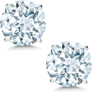 Gem Stone King 14K White Gold Sky Blue Aquamarine Stud Earrings For Women (1.50 Cttw, Gemstone Birthstone, Round 6MM)