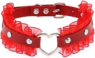 Women's Gothic Pink Leather Choker Necklace with Popcorn Chain - Valentine's Day Statement Jewelry, Zinc Heart Design