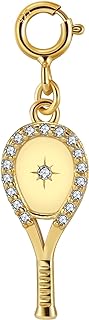 18K Gold Plated Sterling Silver Clasp Tennis Charm Bracelet with Cubic Zirconia for Women, Tennis Racket Pendant Design