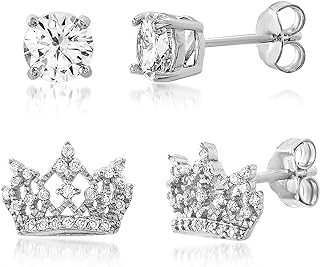 Devin Rose Sterling Silver Push Back Cubic Zirconia Crown Stud Earrings Set for Women - Princess Royal Tiara Design
