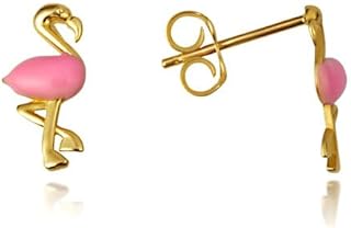 14K Yellow Gold Flamingo Stud Earrings, Enamel Tropical Bird Design, High-Quality American-Made Jewelry for Elegant Women