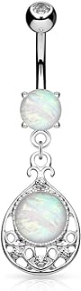 Vintage Filigree Dangle Belly Button Ring with Opal Glitter - Surgical Steel Barbell with Resin Imitation Opal for Stylish Individuals - Unique Design