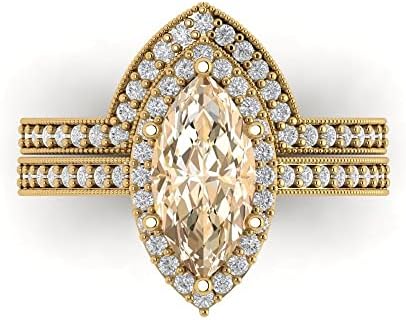 Clara Pucci 2.16ct Marquise Round cut Custom Engraving Halo Natural Morganite Engagement Ring Band Wedding Bridal Set 14k Yellow Gold 10