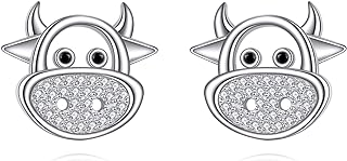 Sterling Silver Cubic Zirconia Cow Stud Earrings with Push Back for Women and Girls - Fun and Chic Animal-Themed Jewelry