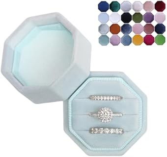 Blutete Luxury Powder Blue Velvet Wedding Ring Box with Triple Slots - Modern Octagonal Design Perfect for Bridal & Engagement Ring Storage or Photoshoot Prop
