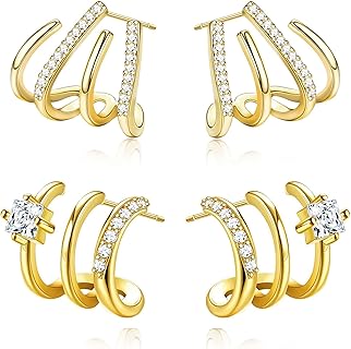 Boucles d'oreilles Chanel en Argent Sterling, 14K Plaqué Or, Taille Moyenne avec Design Quatre Griffes, Hypoallergéniques, pour Femmes et Filles, Parfaites pour Toutes Occasions