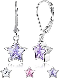 JeweBella Boucles d'oreilles pendantes en argent 925 avec étoile et zircone cubique, hypoallergénique et plaquées or blanc, pour femmes et filles. Idéales pour usage quotidien