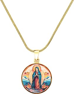 Ruby Peach Virgin Mary Lady of Guadalupe Pendant Necklace 18K Gold Finish Virgen Maria Religious Jewelry Gift