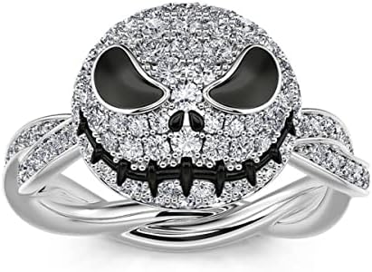 Jeulia Jack Skellington Rings Sterling Silver Rotating Skull Nightmare Before Christmas for Women Men Diamond Solitaire Engagement Ring Romantic Anniversary Engagement Jewelry Gifts