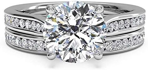 Dazzling 2.4ct Round Cubic Zirconia Engagement Ring Set for Women, Platinum-Plated Sterling Silver Bridal Set, Sizes 5-11
