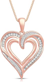 Jewelili Heart Necklace Pendant with Natural White Round and Baguette Diamonds 1/4 Cttw or 1/2 Cttw in Sterling Silver or Yellow or Rose Gold over Sterling Silver 18 Inches Box Chain