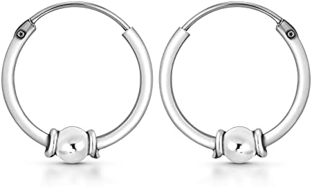 AeraVida Balinese Ball Beaded 14mm Sterling Silver Hoop Earrings | Classic Sterling Silver Huggies Earrings | Vintage Earrings for Women | Small Bali Hoop Earrings Set