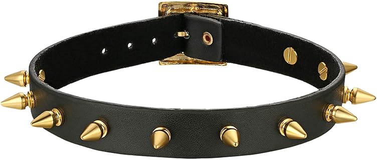 Flongo Choker Halskette aus Leder und Edelstahl, verstellbar, in Gold und Braun mit Spitznieten. Perfekt für Damen und Herren, ideal für Gothik- und Punk-Rock-Styles