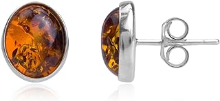 Sterling Silver Push-Back Amber Stud Earrings for Unisex, Oval Design from Poland