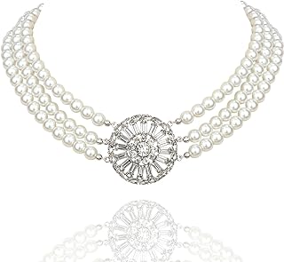 White Pearl Choker Layered Bridal Necklace 20s Gatsby Flapper Multi Strand Pearl Rhinestone Collar Necklace Vintage Imitation Pearl Costume Jewelry Accessories for Prom Anniversary Wedding