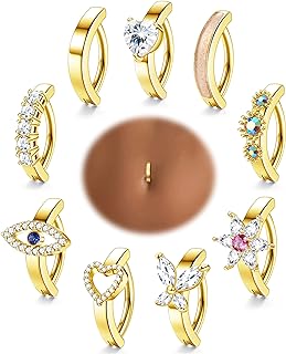 FUNRUN JEWELRY 14G Clicker Belly Button Ring for Women Surgical Steel Cubic Zirconia Opal Heart Evil Eye Belly Rings Simple Reverse Navel Rings Body Piercing Jewelry
