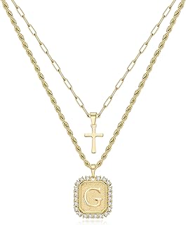 Cross Necklace for Women Layered Gold Necklaces Square Initial Pendant Layering Rope Chain Birthday Gifts for Teen Girls