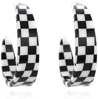 Checker Hoop Earrings Acrylic Retro Unique Chunky Checkerboard Black White Grid Y2k Lightweight Colorful Open C shaped Earrings for Women Teen Girls Minimalist 70s 80s 90s Party Fashion Jewelry Gifts