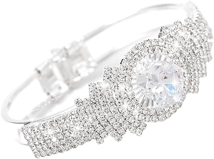 Silver Diamond Heart-Shaped Zircon Bangle Bracelet with Box Chain and Spring Ring Clasp for Women's Evening Wear