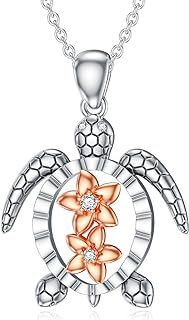 Spring Ring Clasp Diamond Sea Turtle Pendant Necklace - Cable Chain - Sterling Silver Women's Jewelry with Plumeria Flower Design