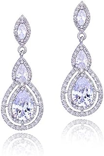 Cubic Zirconia Dangle Drop Earrings for Women – Elegant Bridal and Bridesmaid Earrings in Chandelier Design with Copper Chain or Clasp