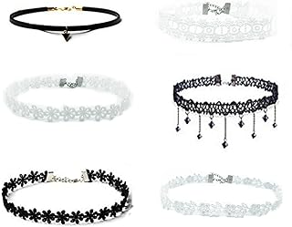 Stainless Steel and Lace Gothic Choker Necklace Set for Women - 6PC Black and White Velvet Necklaces for Halloween, Cosplay, Christmas, Birthdays Jewelry Gifts