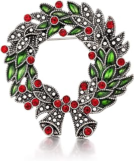 RareLove 1.96" XMAS Vintage Wreath Bell Bowknot Christmas Pins and Brooches Red CZ Crystal Rhinestone Brooch Pin Gift For Women Girls Alloy Plated